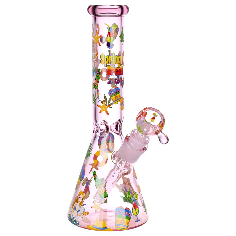Spring Break 2024 themed glass beaker water pipe with colorful decals, 10" tall, 14mm female joint - front view