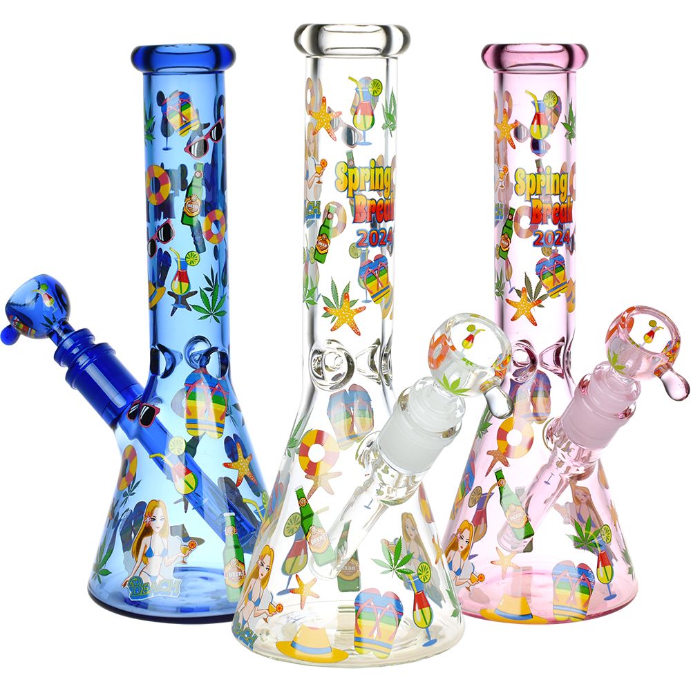Spring Break 2024 Glass Beaker Water Pipes in blue, clear, and pink with vibrant decals, 14mm bowls, front view