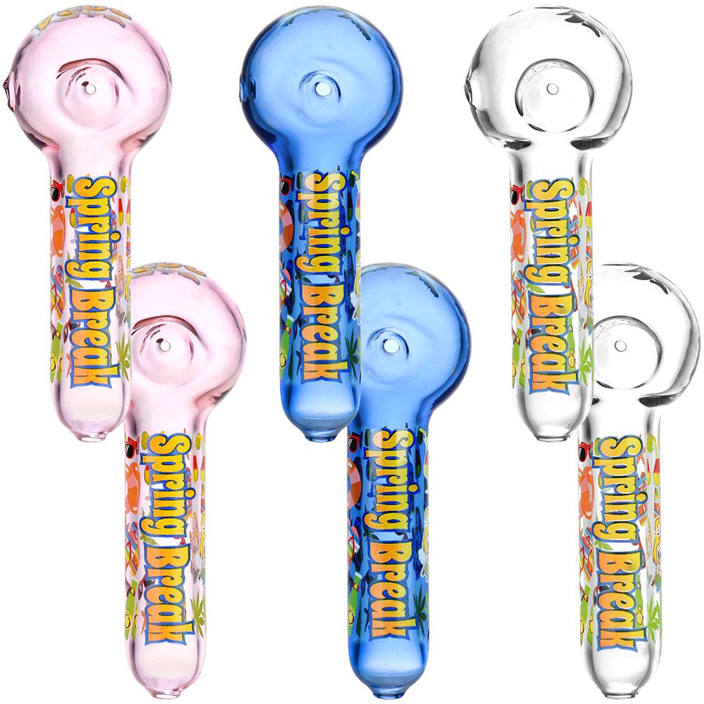 Assorted Colors 5" Glass Spoon Pipes with Spring Break 2024 Design - Front View