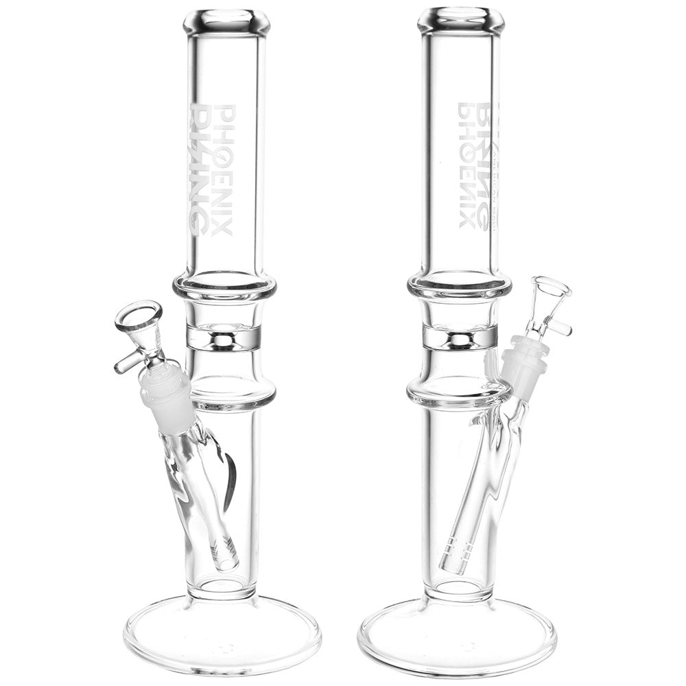 Phoenix Rising Double Ring Straight Tube Glass Water Pipes, 14.5" Clear, Front View