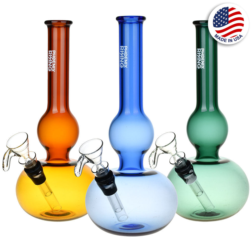 Phoenix Rising Double Bubble Glass Water Pipes in assorted colors, front view, with clear downstems and bowls
