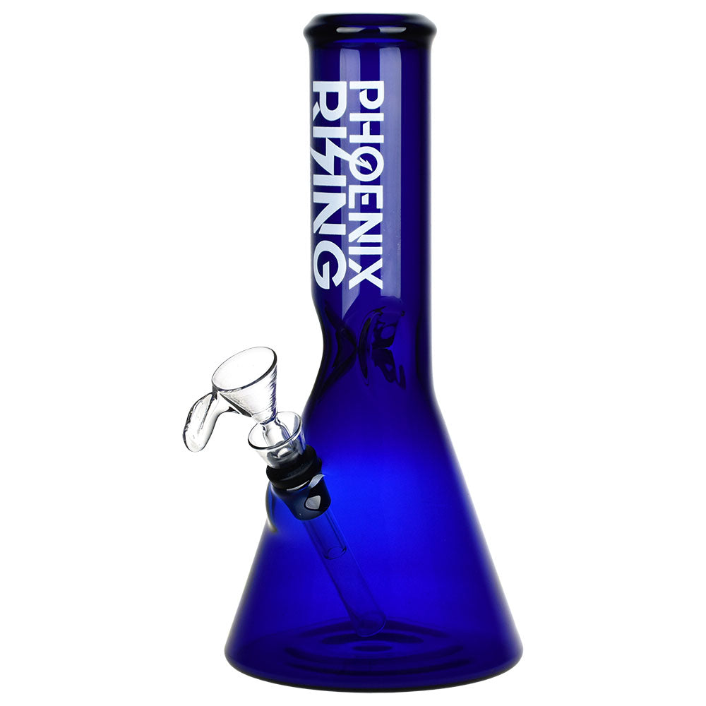 Phoenix Rising Full Color Blue Glass Beaker Water Pipe, 9.25" Front View with Clear Bowl