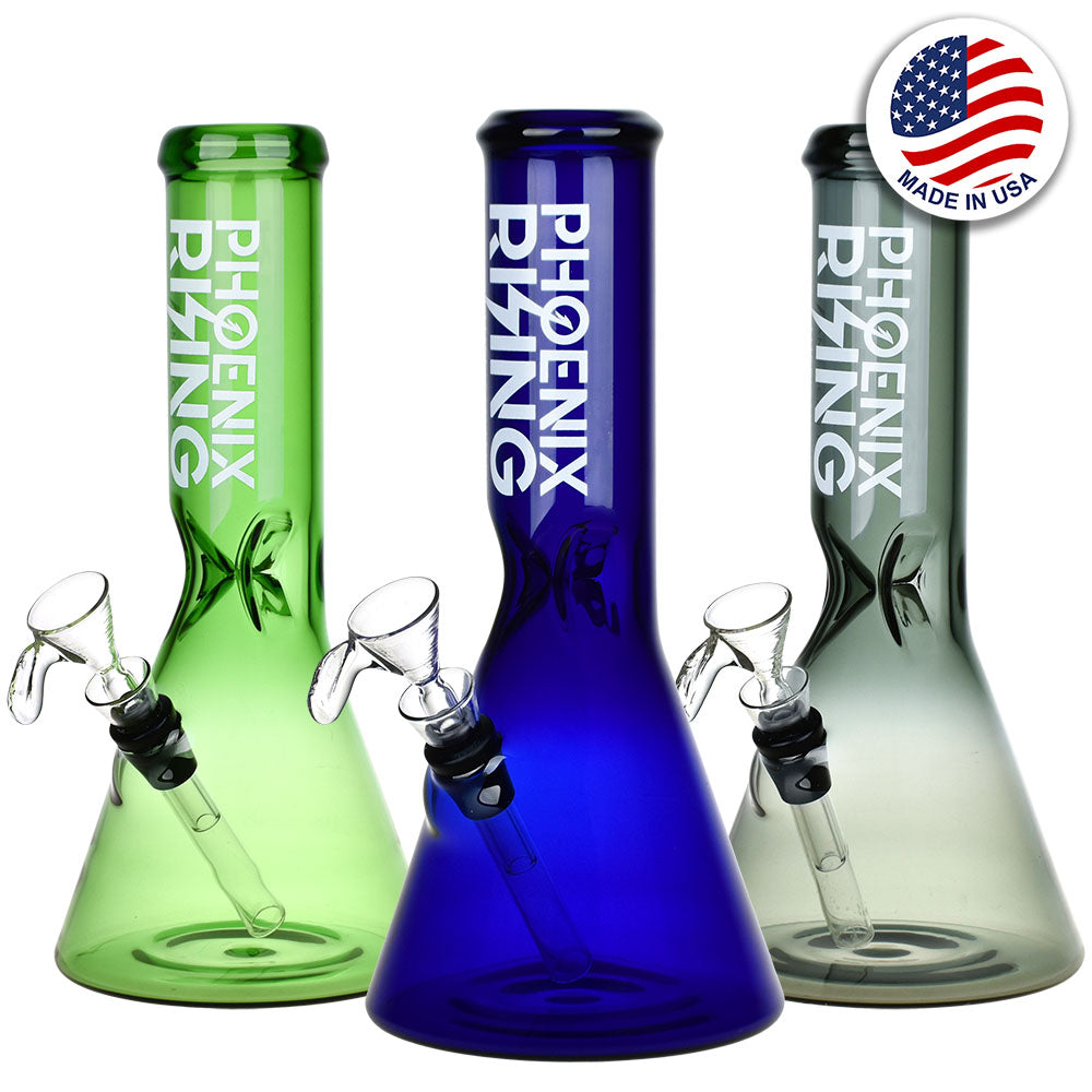 Phoenix Rising Full Color Glass Beaker Water Pipes in Green, Blue, and Clear