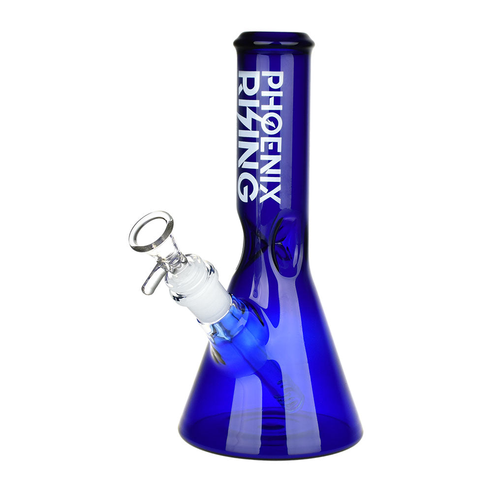 Phoenix Rising Blue Glass Beaker Water Pipe, 9.25" tall with 14mm Female Joint, Front View