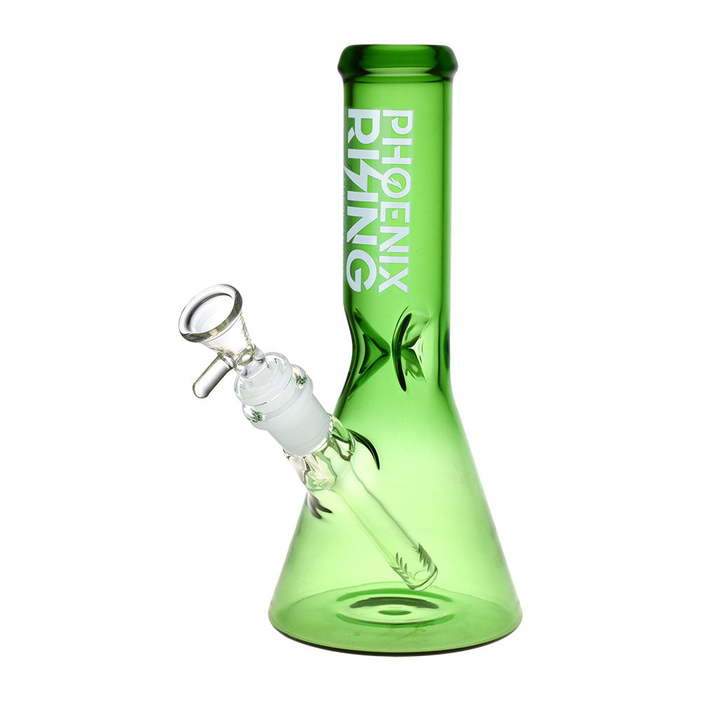 Phoenix Rising Glass Beaker Water Pipe in Green, 9.25" Tall, 14mm Female Joint, Front View