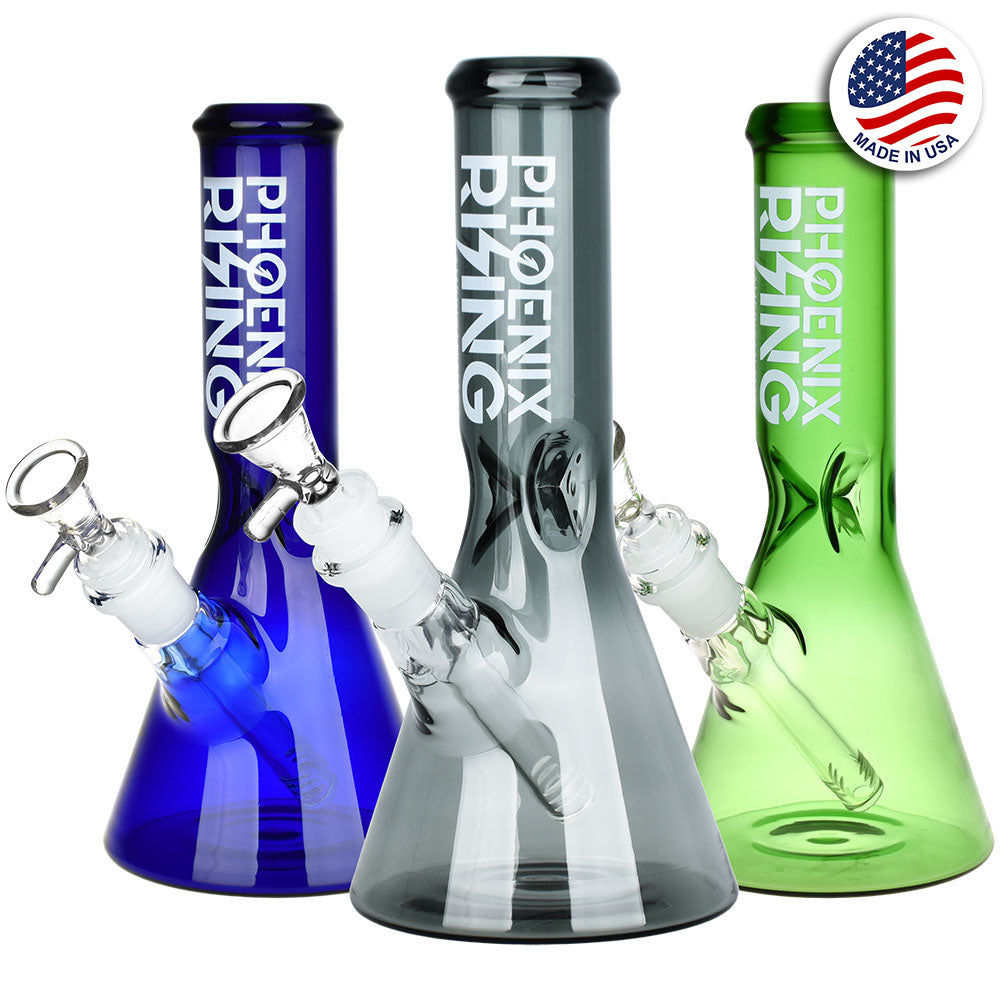 Phoenix Rising Glass Beaker Bongs in Blue, Black, Green - 9.25" Tall, 14mm Female Joint