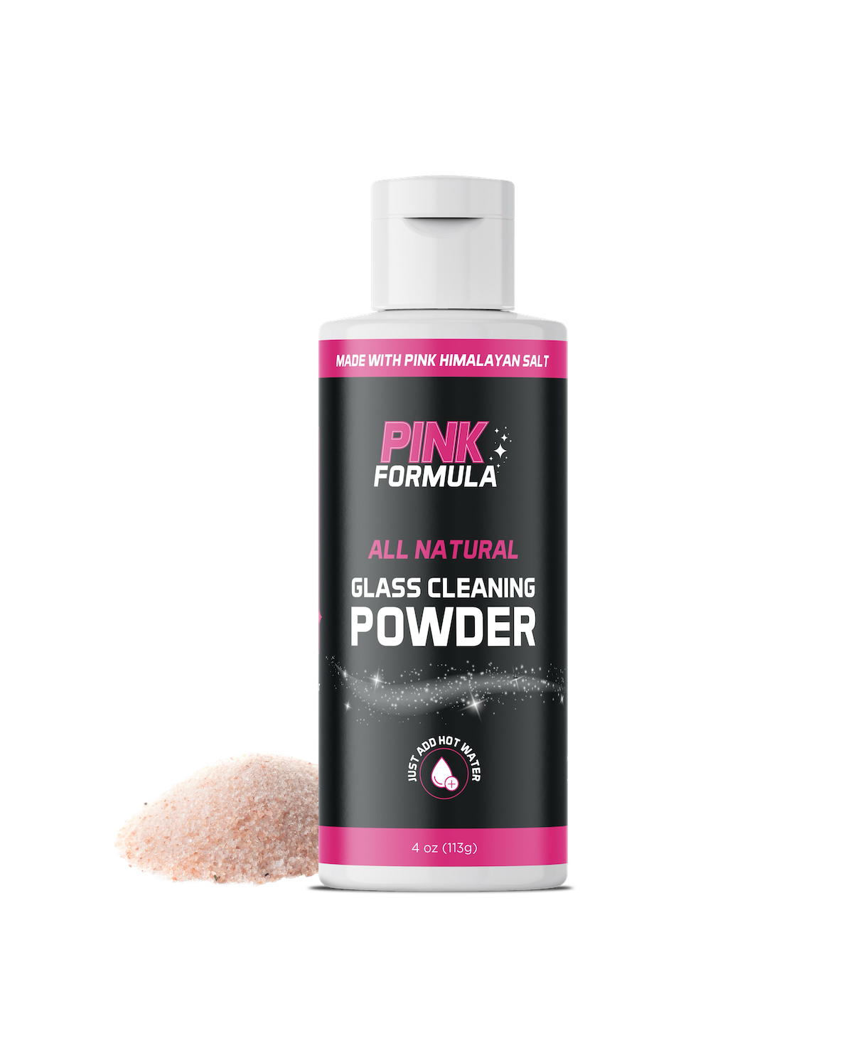 Pink Powder 4oz bottle of all-natural glass cleaner by Pink Formula, front view with a pile of pink salt