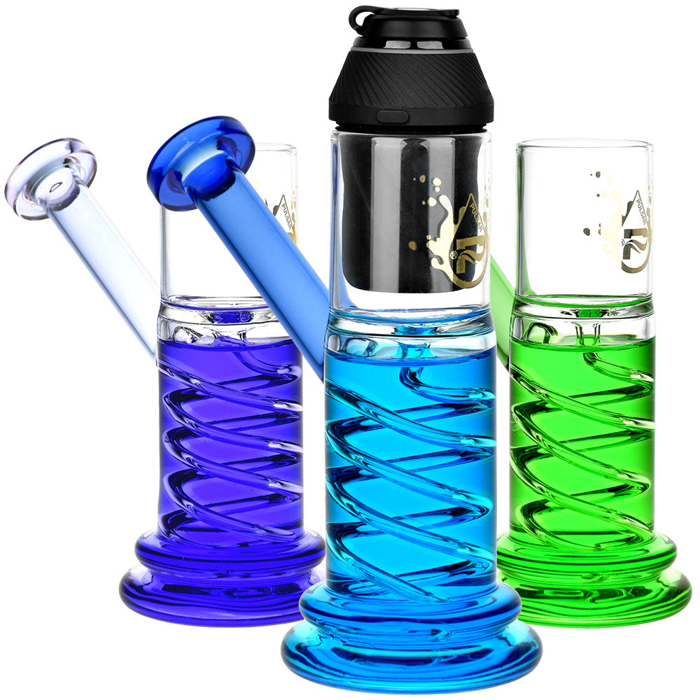 Pulsar Glycerin Hand Pipes for Puffco Proxy in blue, clear, and green, angled view on white background