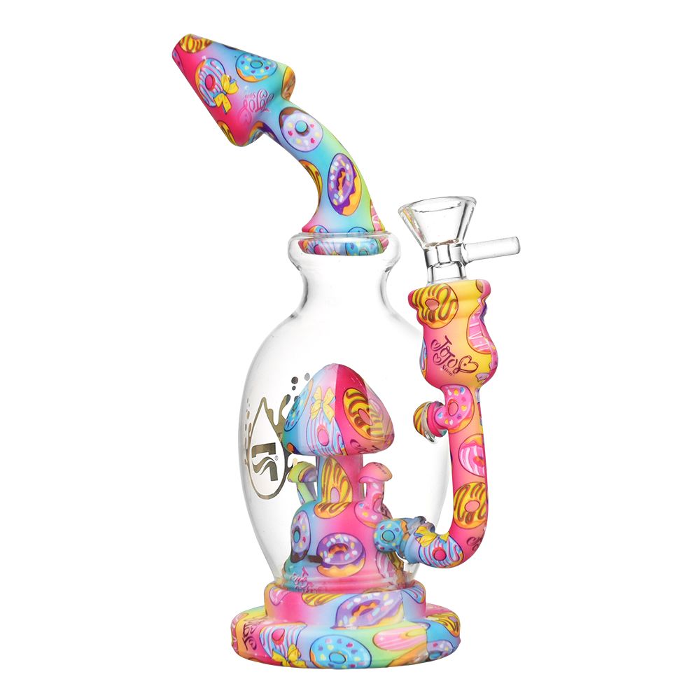 Pulsar Shroom Celebration Water Pipe, 8" tall with colorful mushroom designs, clear glass, front view