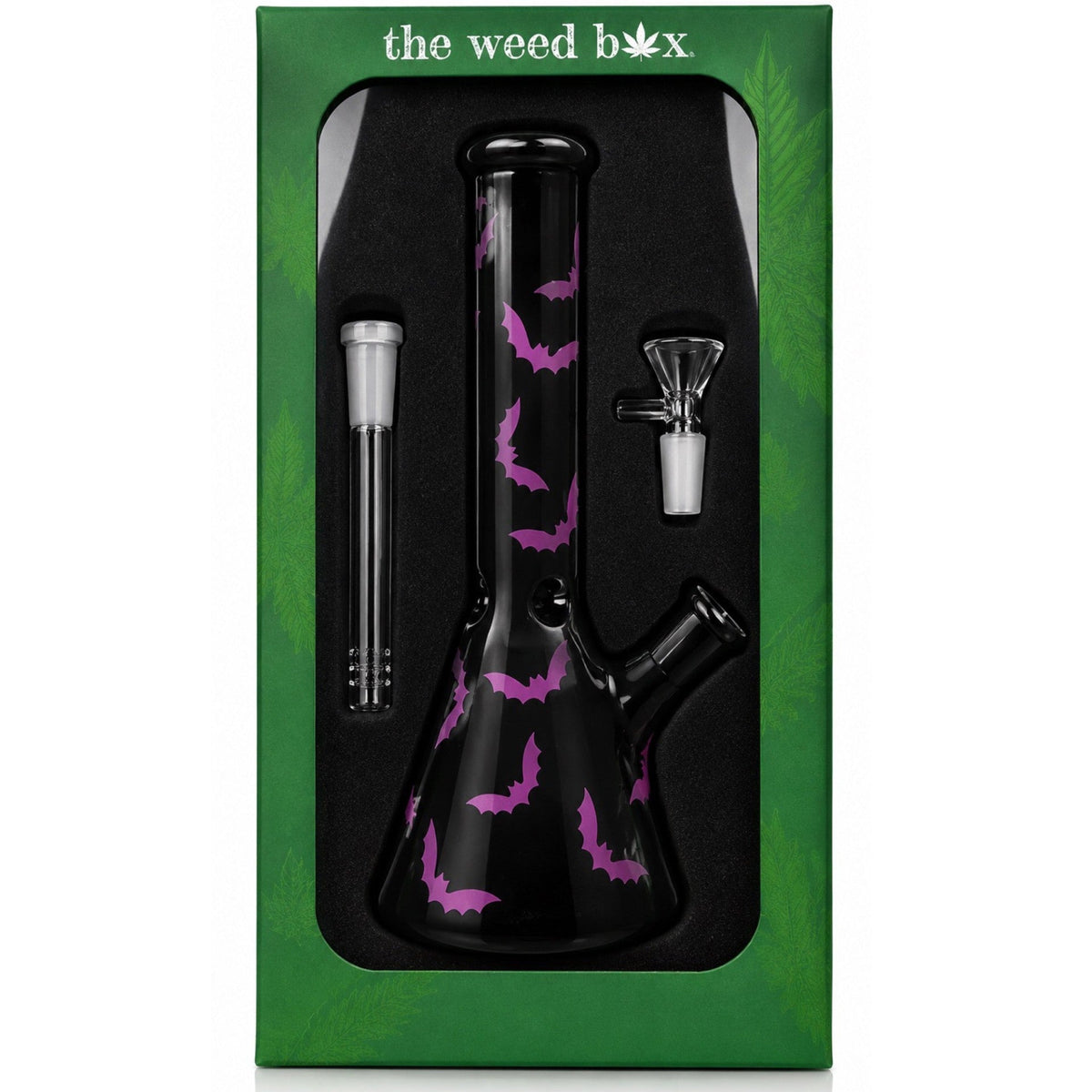 The Weed Box 10 inch Purple Bat beaker bong in branded green packaging, matte black glass with purple bats