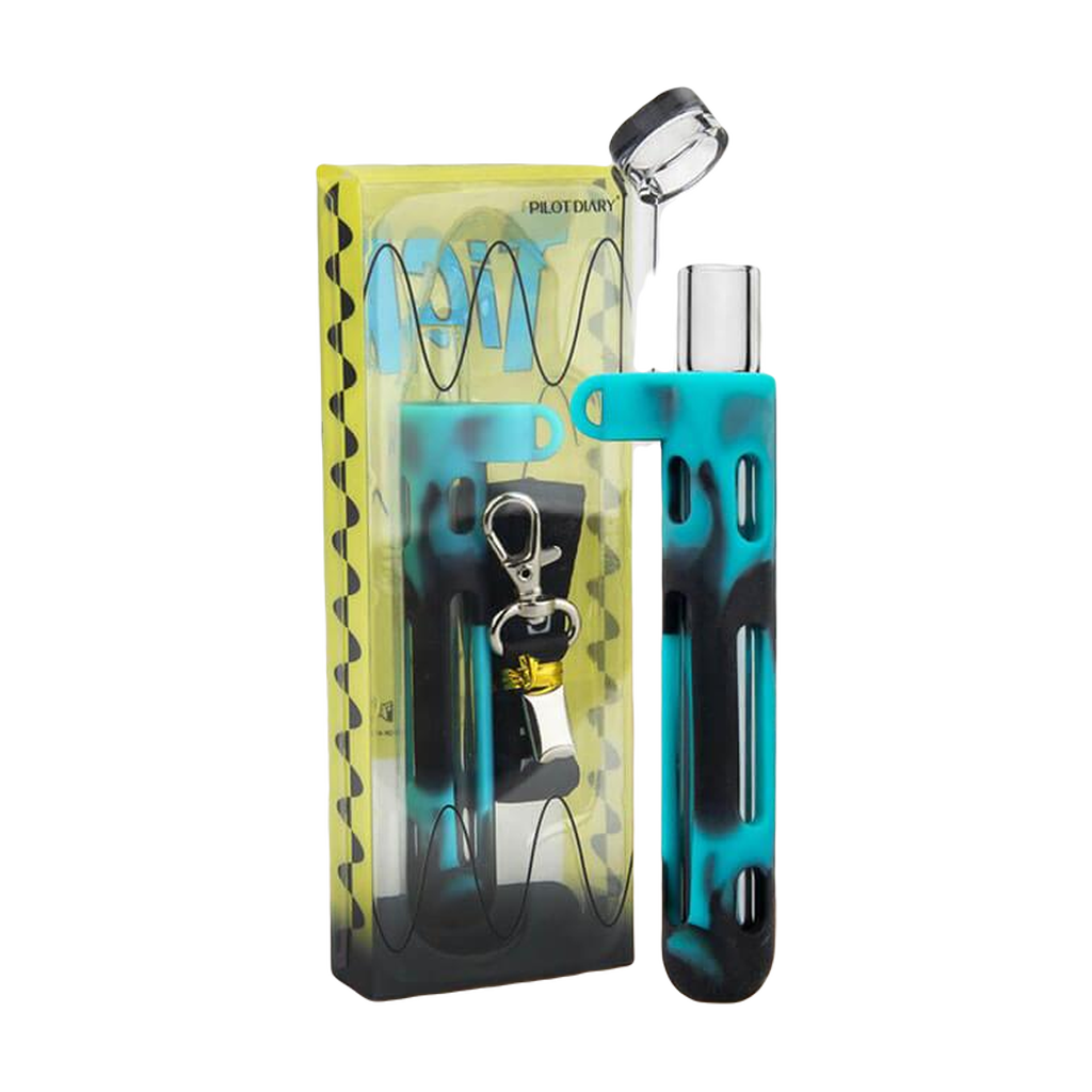 PILOT DIARY 2 IN 1 Concentrate Taster Pipe with keychain on wooden table next to glass