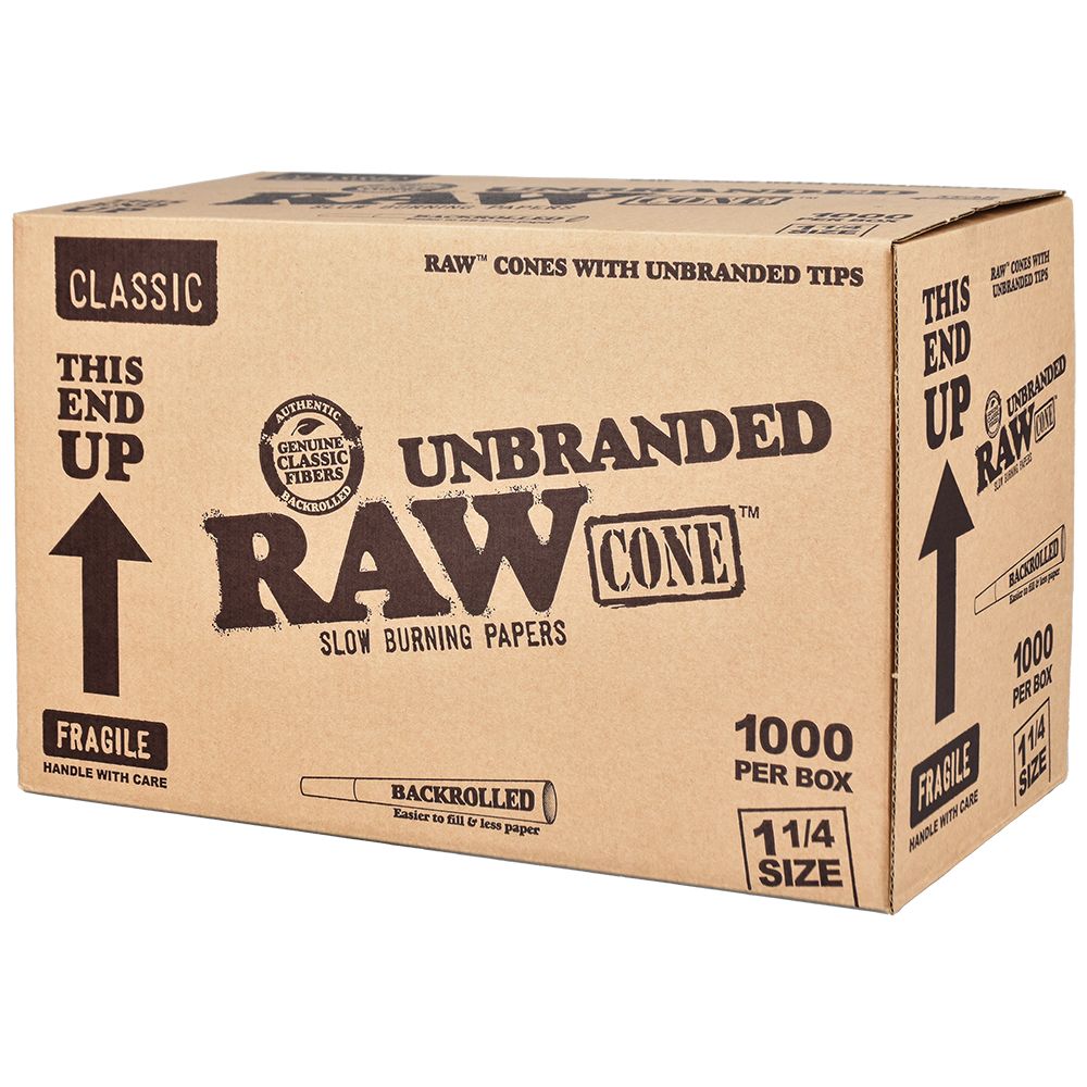 RAW Classic 1 1/4 Unbranded Cones Bulk Box, 1000ct - Front View on White Background