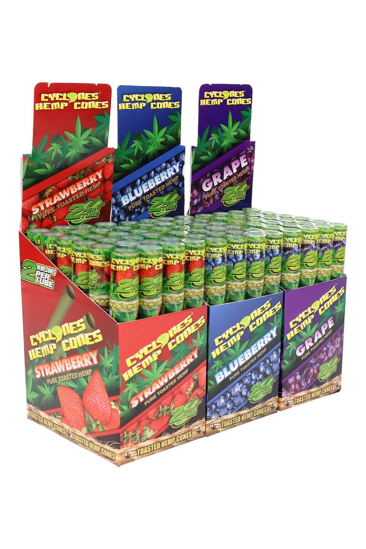 Cyclones 75mm Hemp Cones – 24-Tube Display – 2/Tube