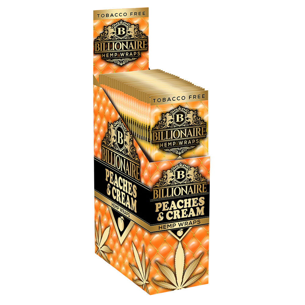 Billionaire Hemp Wraps 25 Pack, Peaches and Cream flavor, displayed in a stack