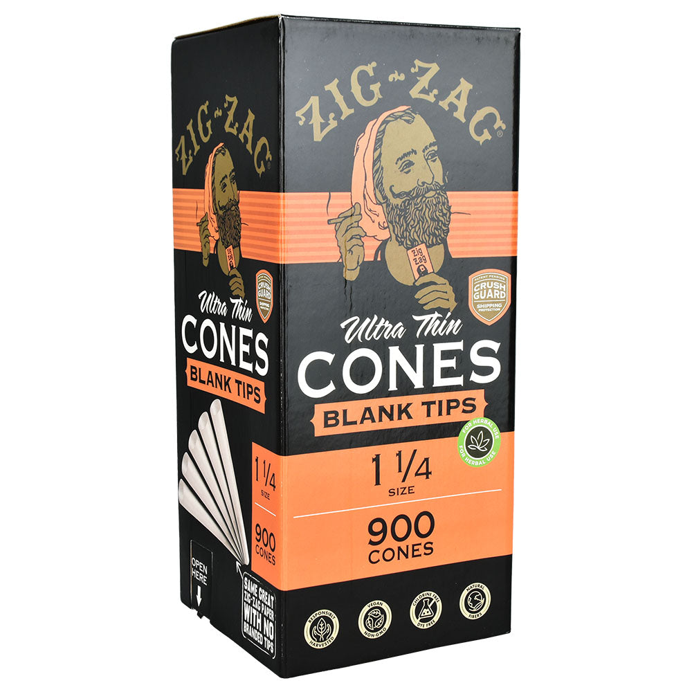Zig Zag Ultra Thin 1 1/4" Blank Tip Cones Bulk Box, 900pc, Front View on White Background