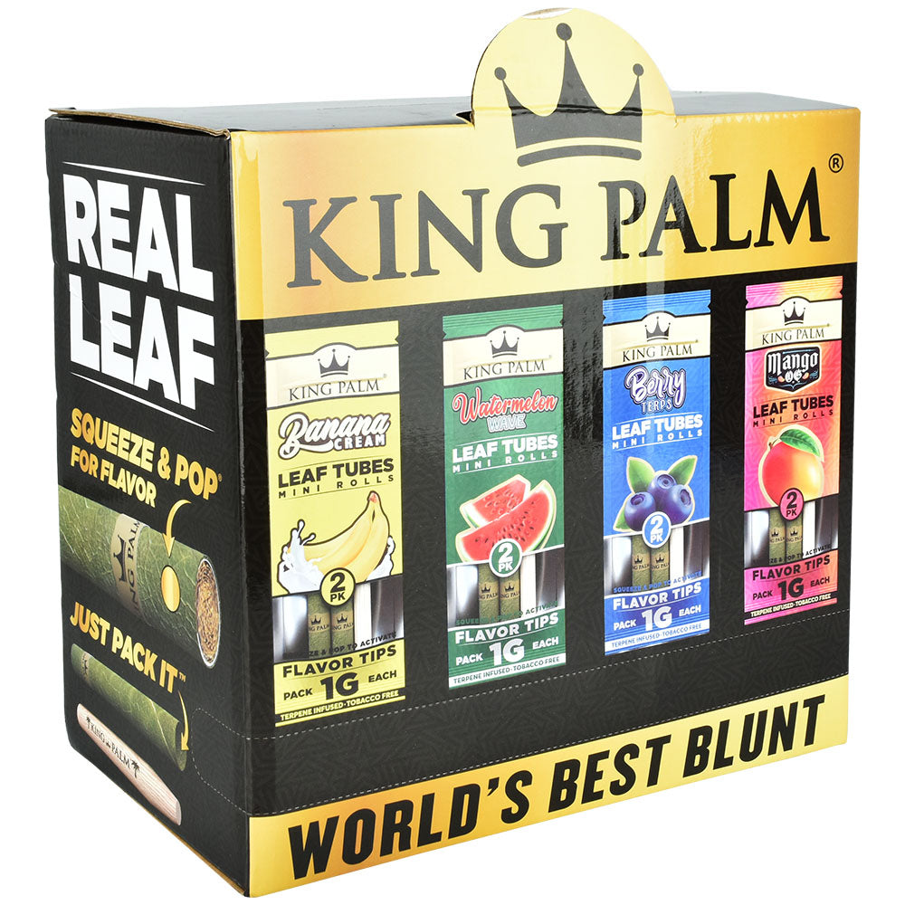 King Palm Mini Flavor Burst Rolls display box with assorted flavors, tobacco-free, squeeze & pop