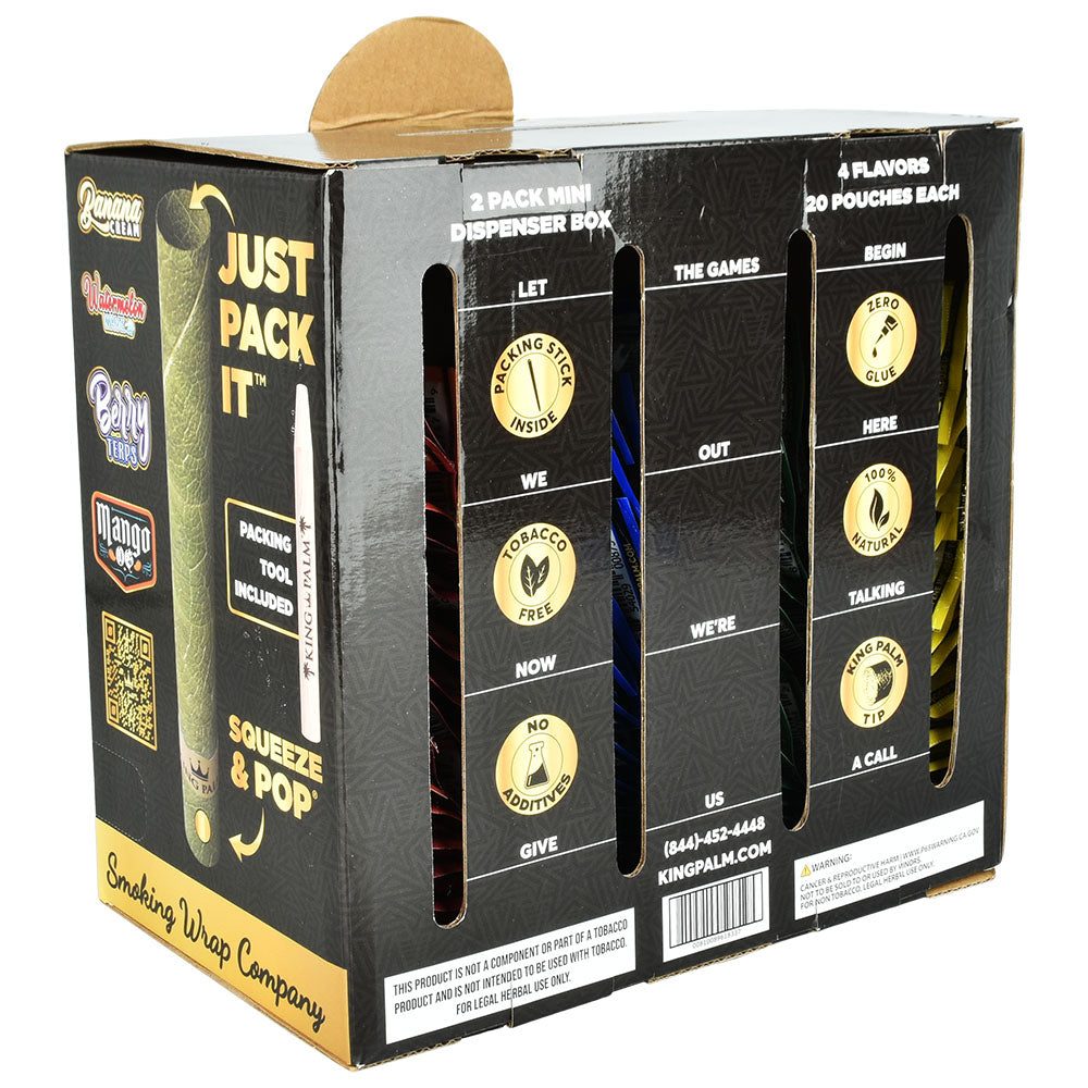 King Palm Mini Flavor Burst Rolls display box side view, tobacco-free, 80pc with squeeze & pop feature