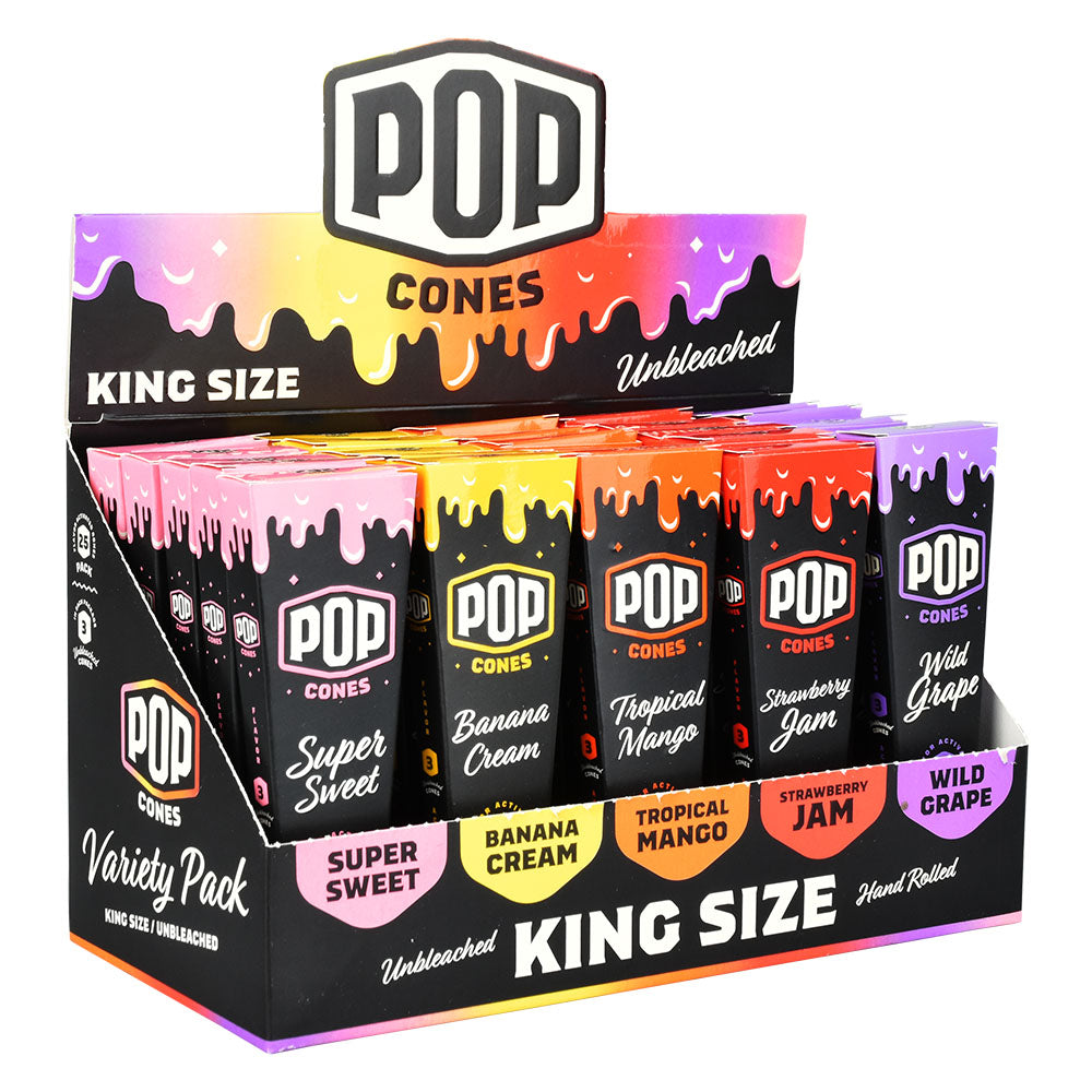 POP Cones King Size Unbleached Rolling Papers, 25pc Display with Assorted Flavors