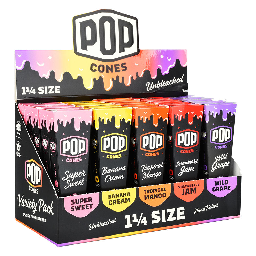 POP Cones Unbleached Rolling Papers Display Box, Assorted Flavors, 1 1/4" Size