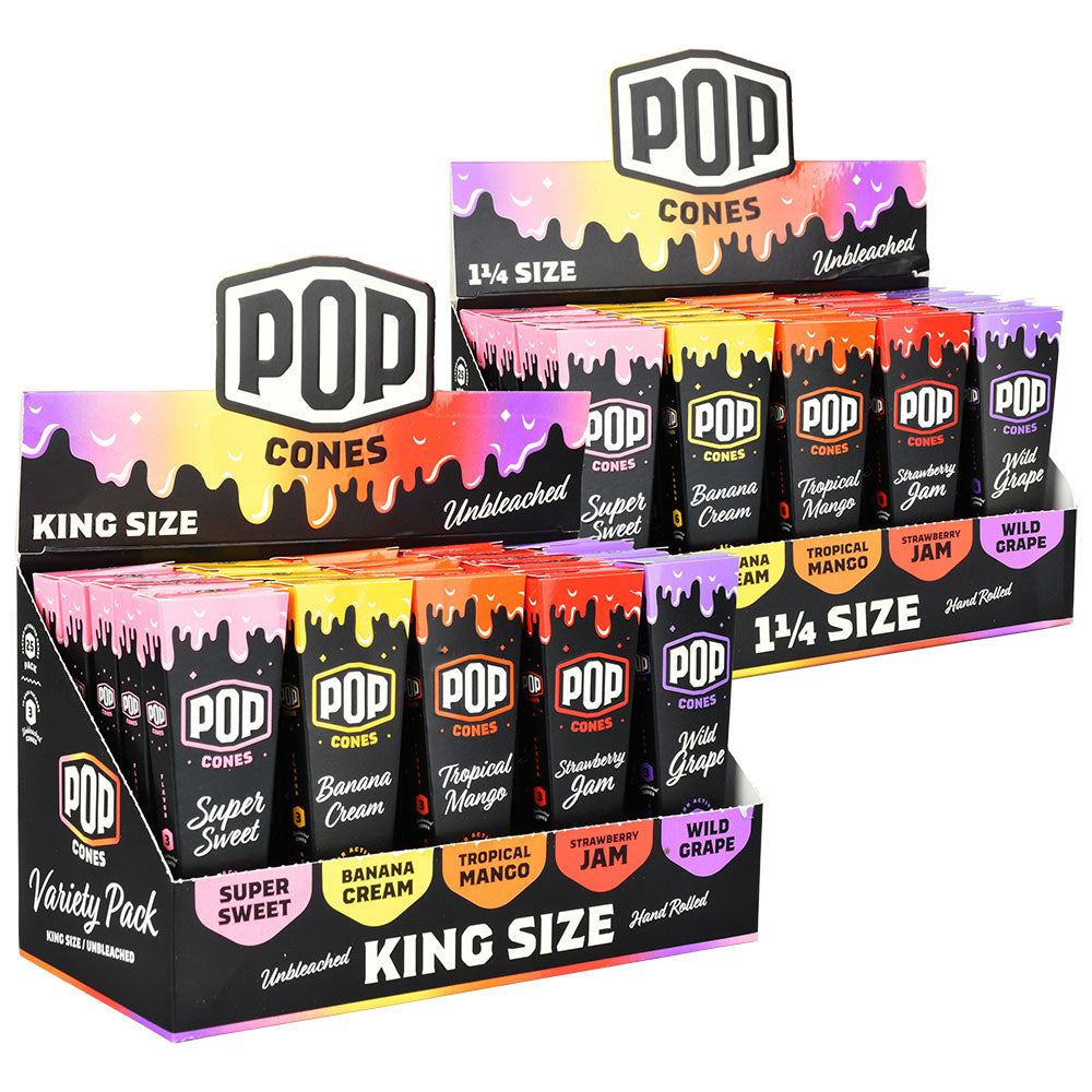 POP Cones Unbleached Assorted Flavors 25pc Display boxes in front view showcasing variety