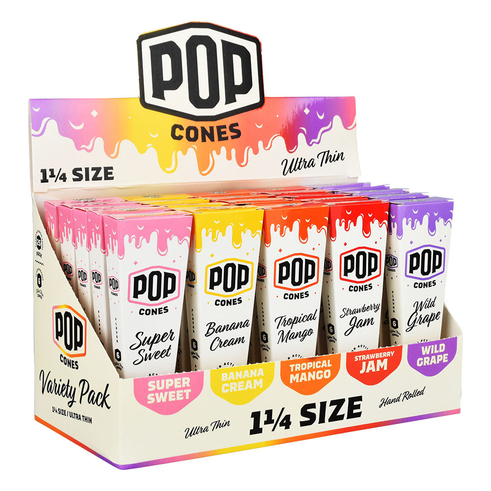 POP Cones Ultra Thin 1 1/4" Assorted Flavors Display Box featuring 25 pre-rolled cones for easy rolling