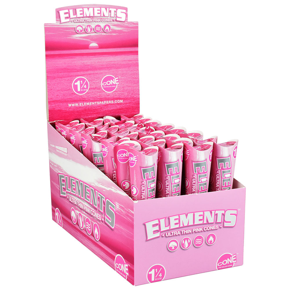 Elements Ultra Thin Pink Cones display box with 32 pre-rolled cones for easy rolling