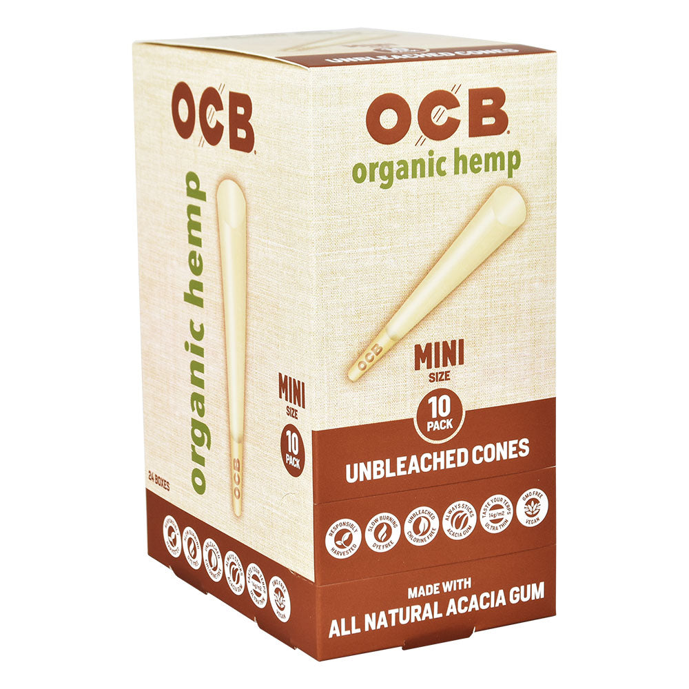 OCB Organic Hemp Mini Cones 10-Pack Display Box Front View