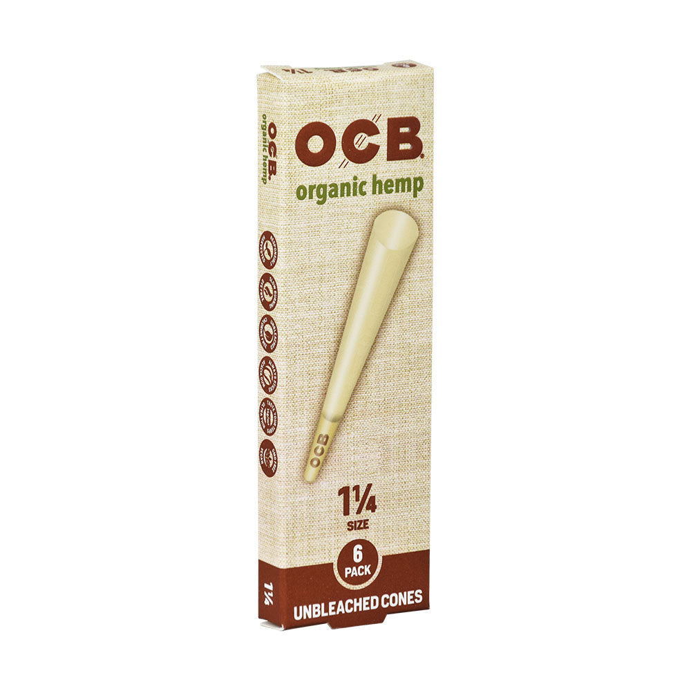 OCB Organic Hemp 1 1/4 Size Cones 6-Pack Display Front View, eco-friendly rolling option
