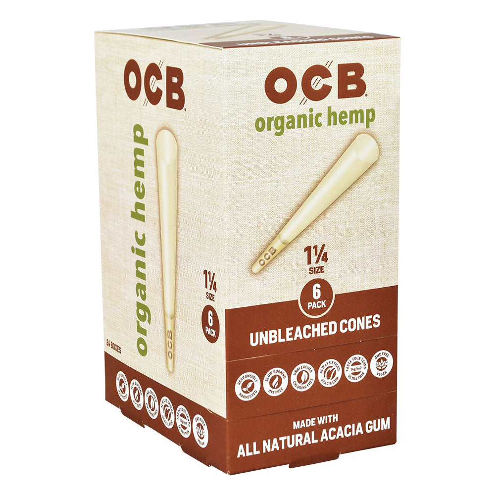 OCB Organic Hemp 1 1/4" Size 6pk Cones Display Box Front View