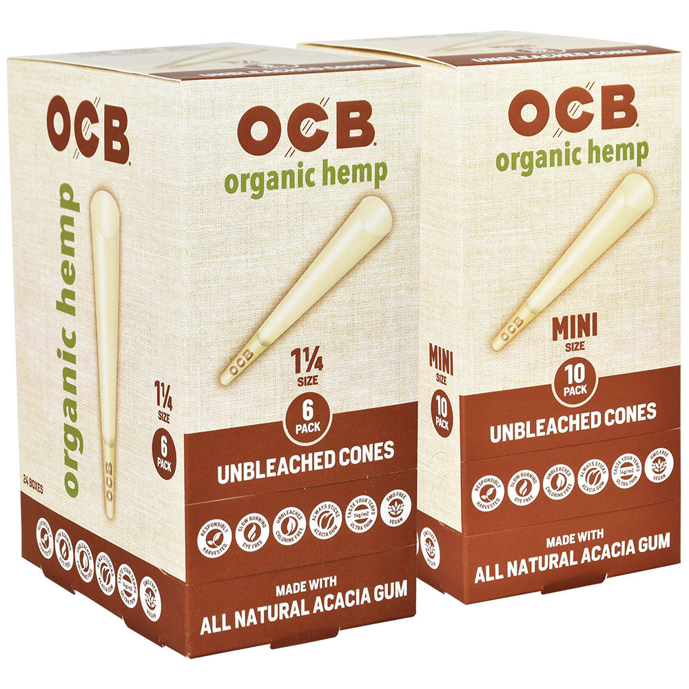 OCB Organic Hemp Cones 24pc Display Boxes, Pre-Rolled for Easy Packing, Front View
