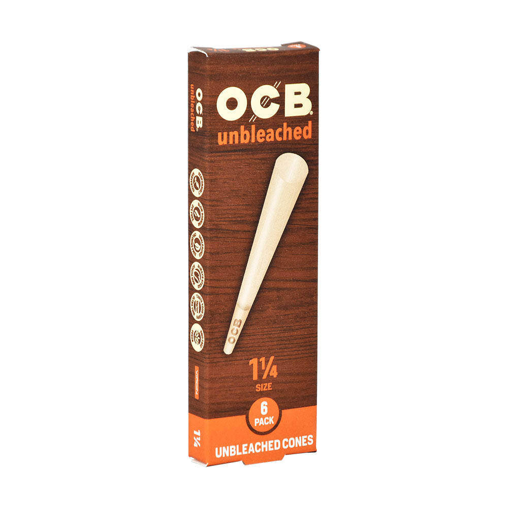 OCB Unbleached Cones 24pc display box front view, 1 1/4 size, 6-pack for easy rolling