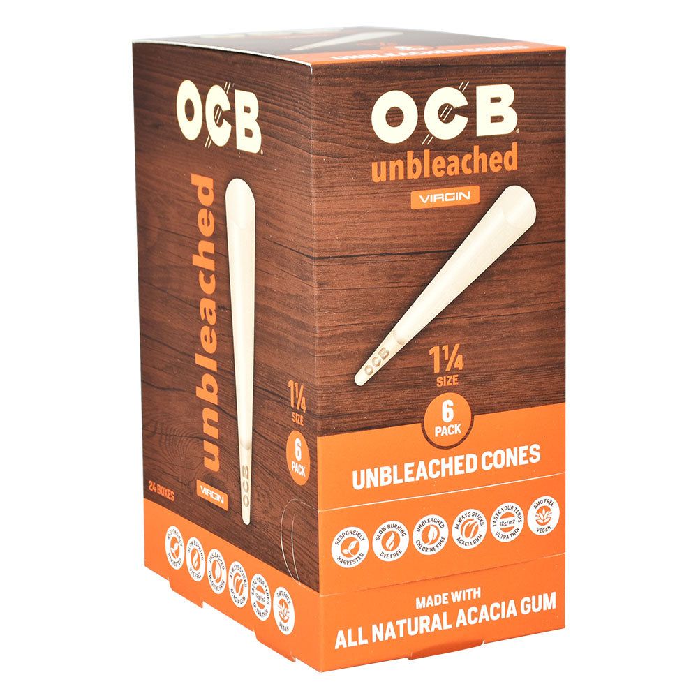 OCB Unbleached Virgin Cones 1 1/4" Size 6pk Display Box Front View