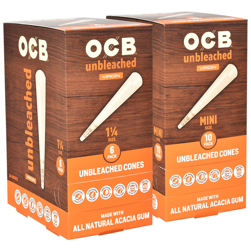 OCB Unbleached Cones 24pc Display, front view showing 1 1/4 size and mini size packs