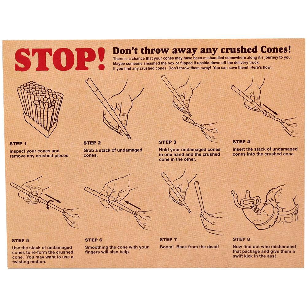 Instructions for salvaging crushed RAW King-Size Classic Cones, front view on brown background