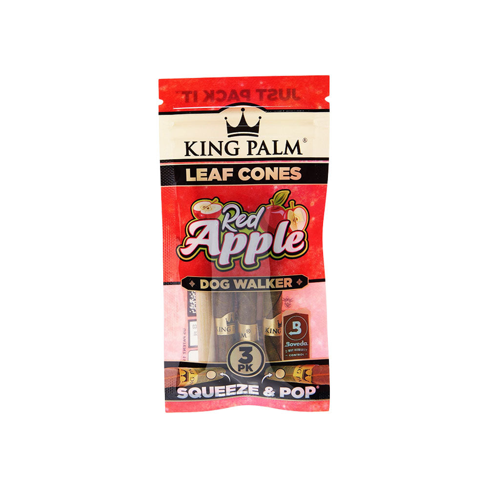 King Palm Hand Rolled Leaf Dog Walker 3-Pack with Red Apple Flavor, front view on white background