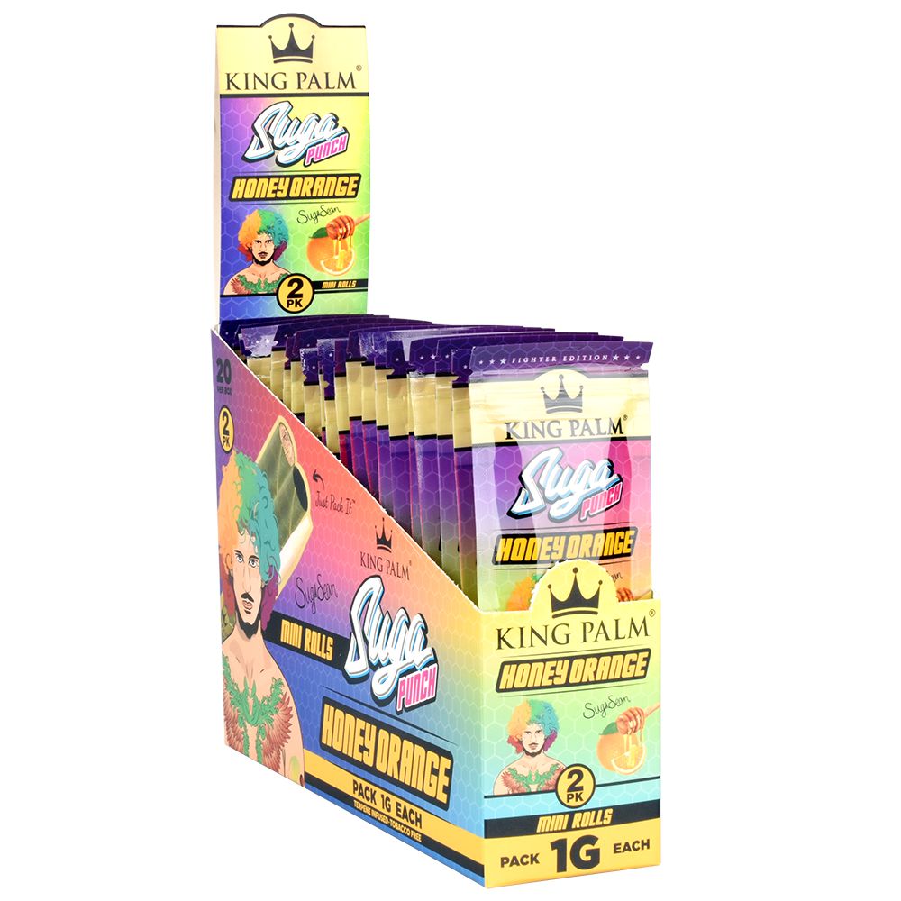 King Palm x Sean O'Malley Mini Suga Punch display with 20 packs of 2pc Honey Orange rolls