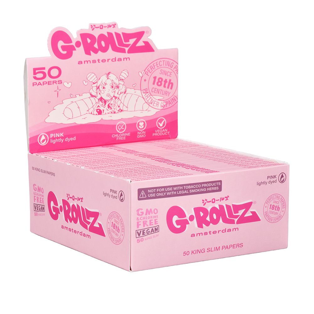 G-ROLLZ Lightly Dyed Pink Rolling Papers, 50pc Display Box, Front View