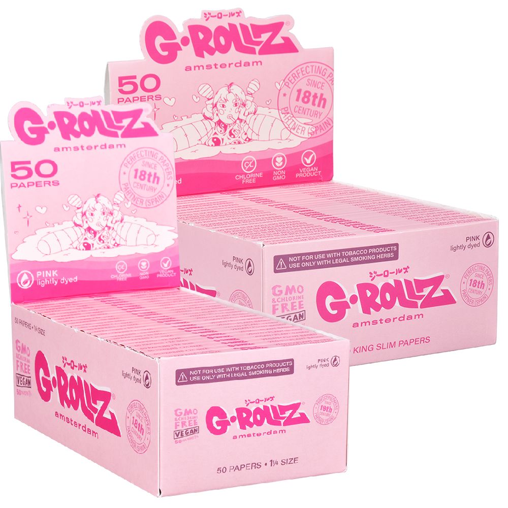 G-ROLLZ Lightly Dyed Pink Rolling Papers Display Box, 50pc, Easy-to-Use, Front View