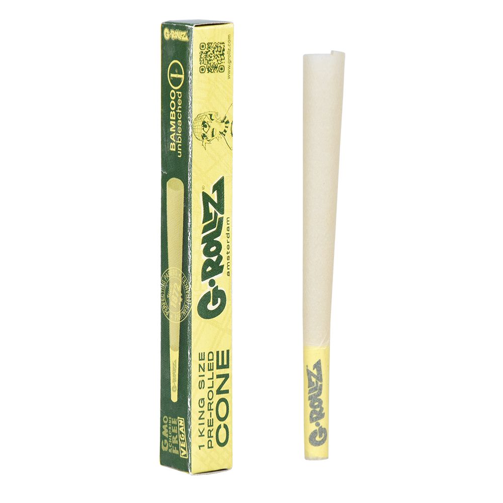 G-Rollz King Size Bamboo Pre-Rolled Cone next to its package, Vegan & Non-GMO, side view