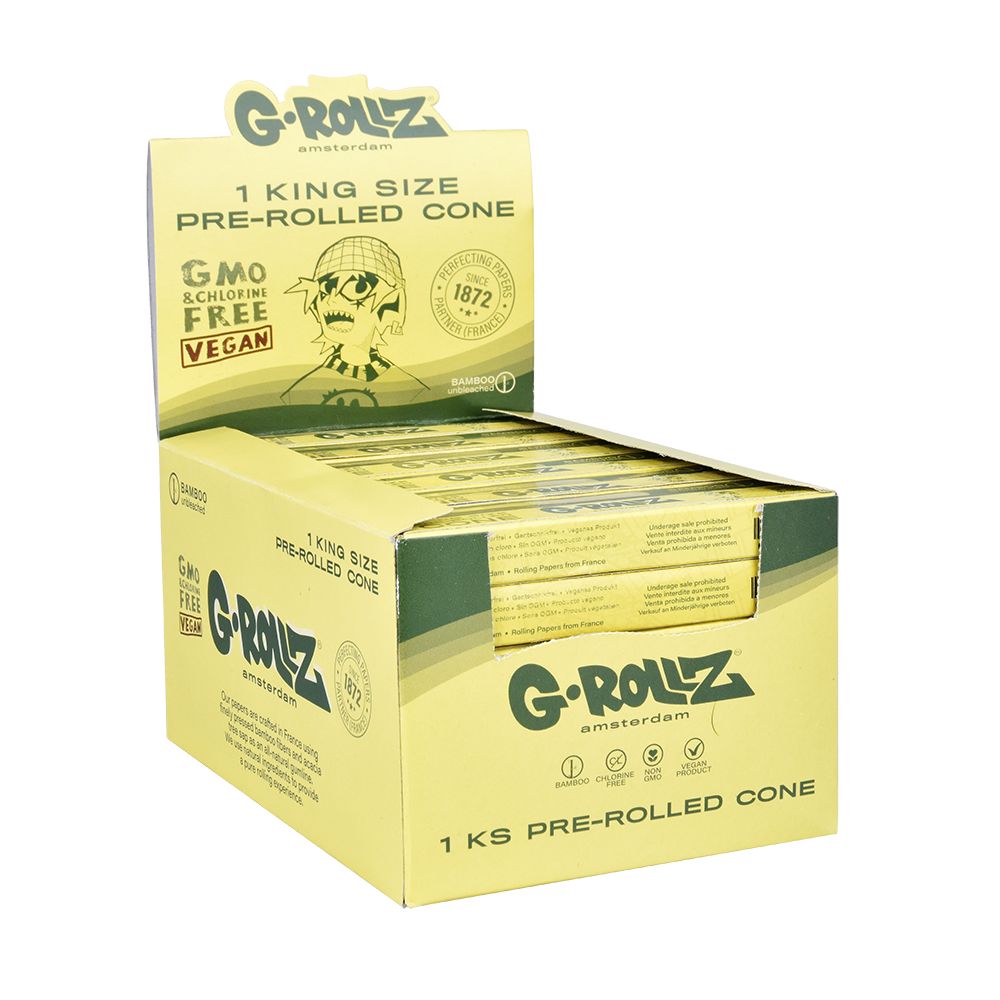 G-Rollz King Size Bamboo Pre-Rolled Cones box, 72ct, Vegan, Non-GMO, front view on white background