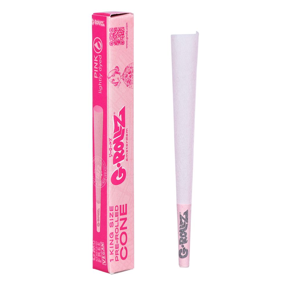 G-Rollz King Size Pink Pre-Rolled Cones 72ct displayed next to package, vegan and non-GMO