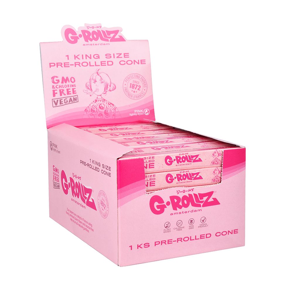 G-Rollz King Size Pink Pre-Rolled Cones box, 72ct, Vegan, Non-GMO, front view