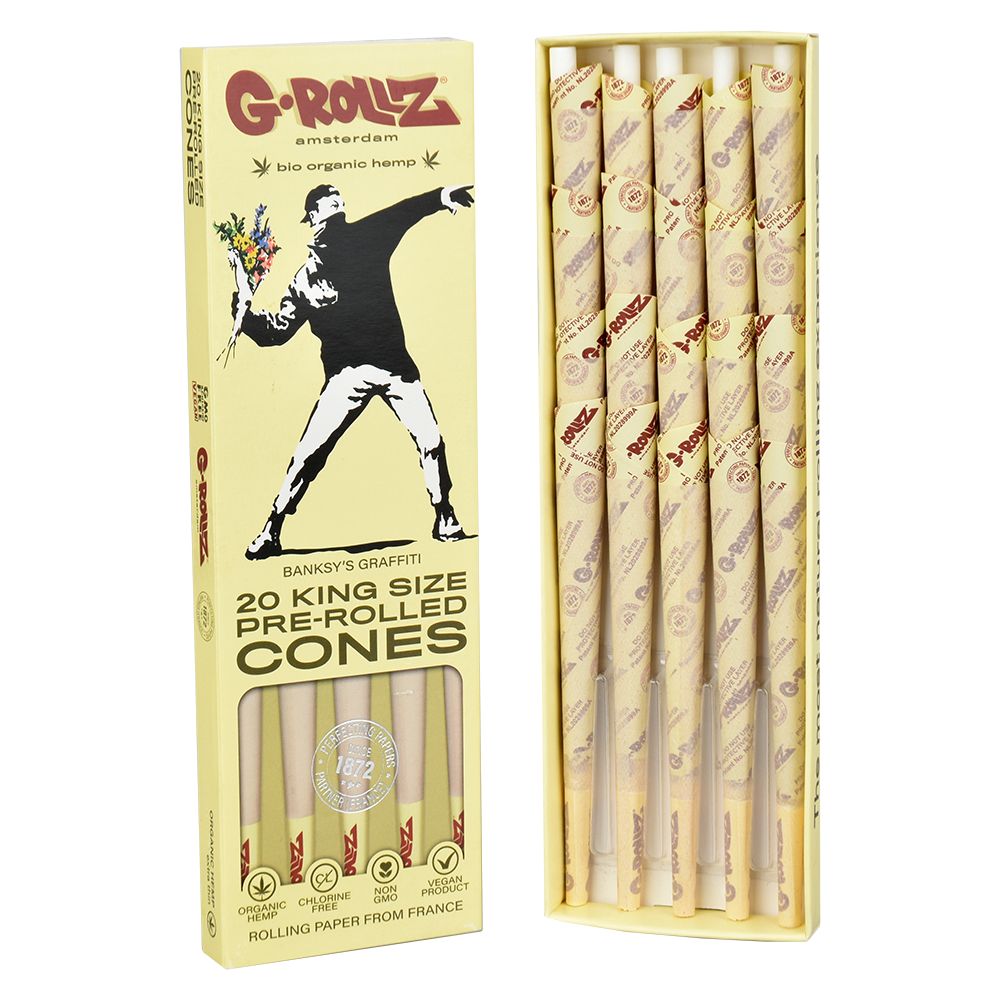 G-ROLLZ x Banksy's Graffiti 20pc King Size Pre-Rolled Cones with Tips, Front View