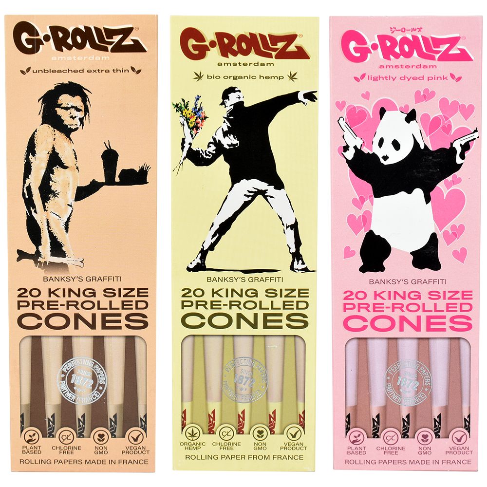 G-ROLLZ x Banksy's Graffiti King Size Pre-Rolled Cones in Three Designs Front View