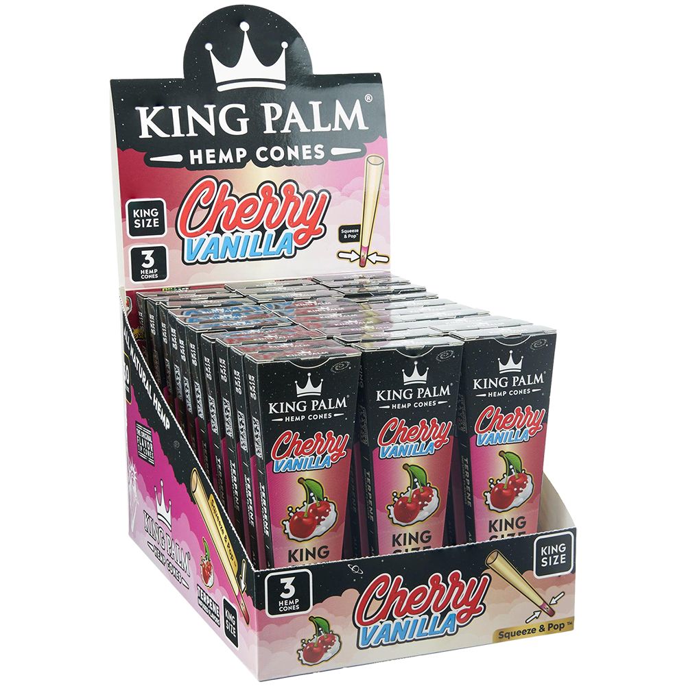King Palm Hemp Cones Cherry Vanilla 3-Pack King Size on Display Stand