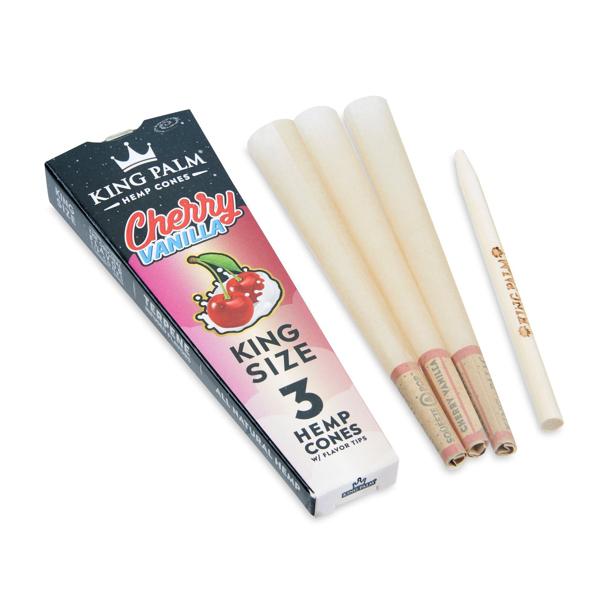 King Palm Hemp Cones 3-Pack King Size with Cherry Vanilla Flavor Display Box and Cones