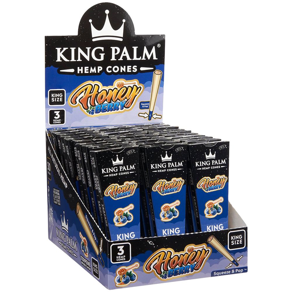 King Palm King Size Hemp Cones in Honey Berry flavor, 3-pack display box, front view