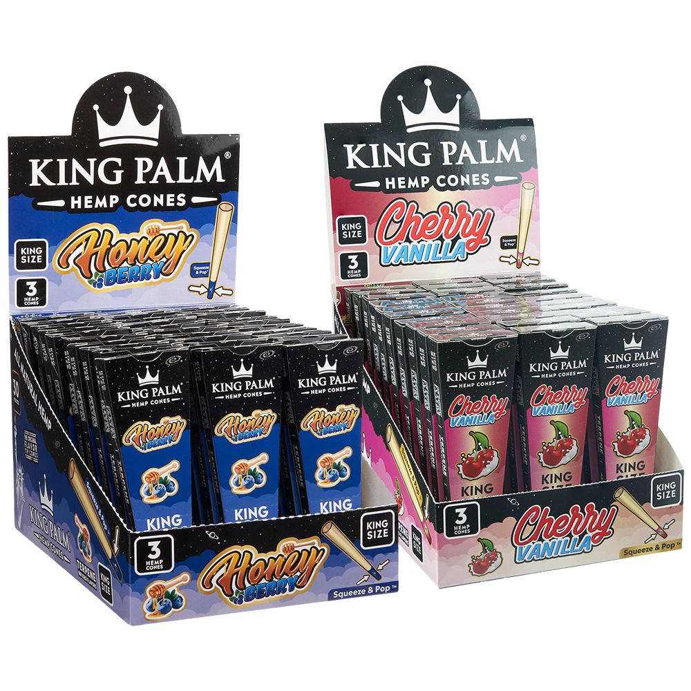King Palm Hemp Cones in Honey and Cherry Vanilla flavors, 3pc King Size, displayed in a 30pk box