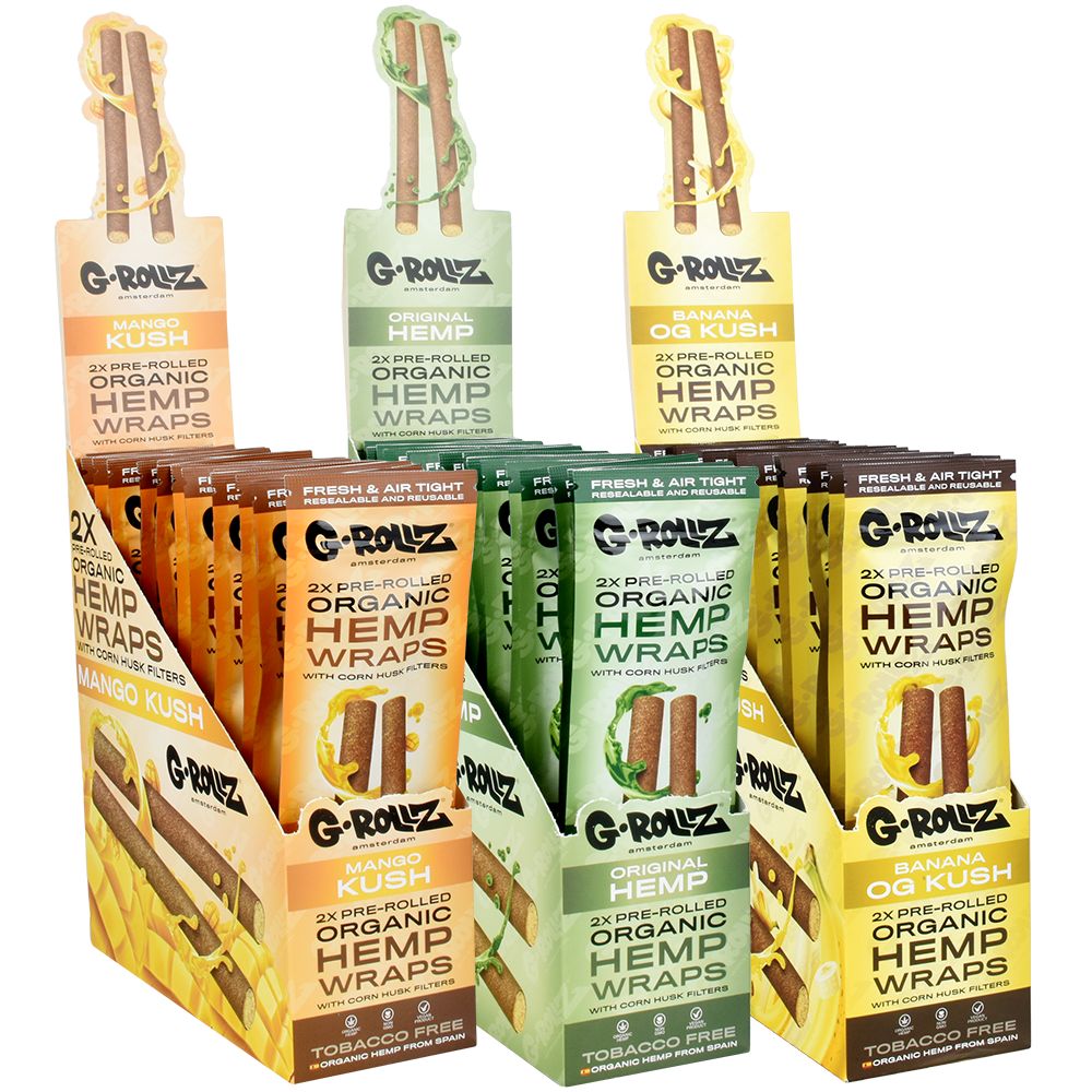 G-ROLLZ Pre-Rolled Organic Hemp Wraps Display with various flavors like Mango Kush