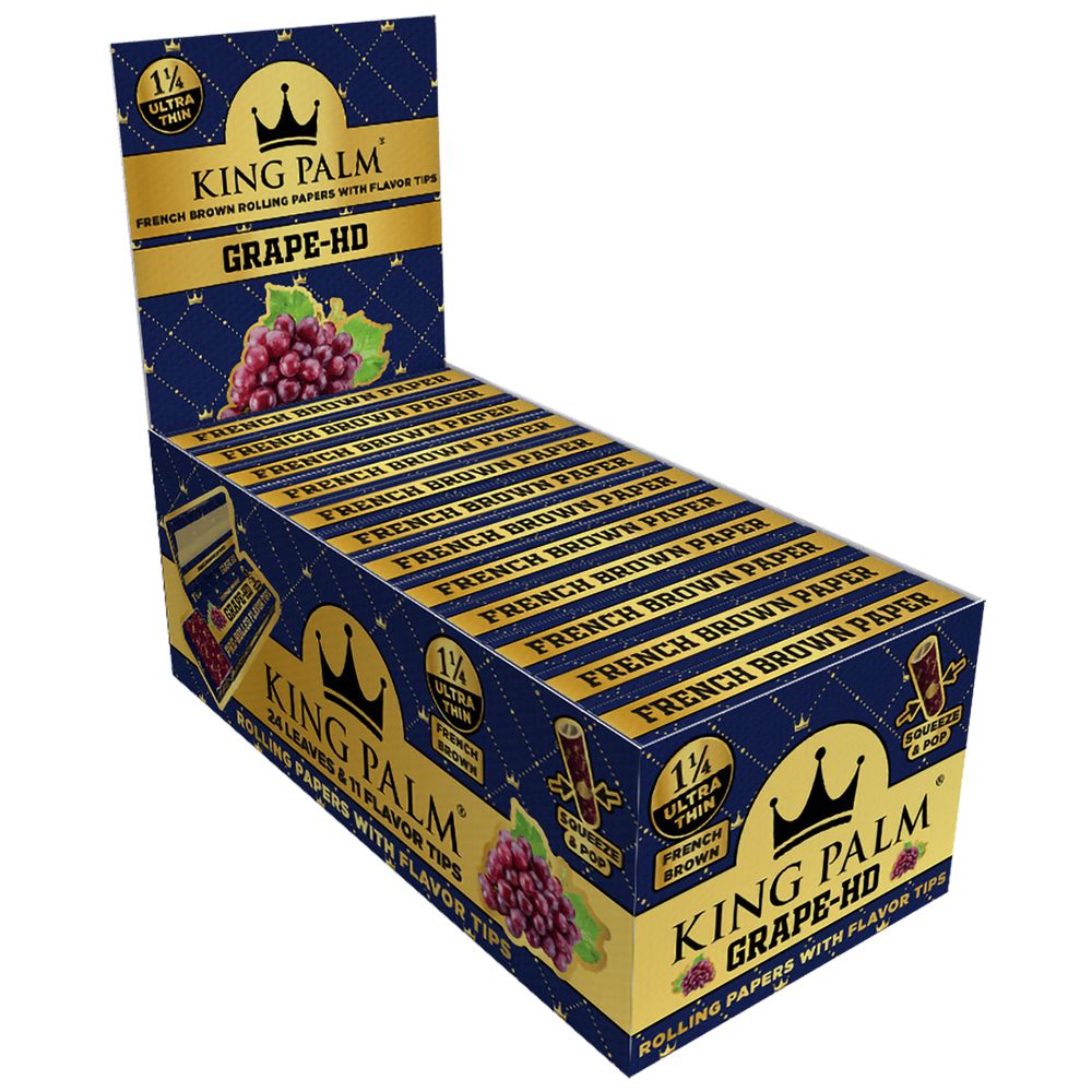 King Palm French Brown Rolling Papers with Grape Flavor Tips, 1 1/4 Size, 24 Pack Display Box
